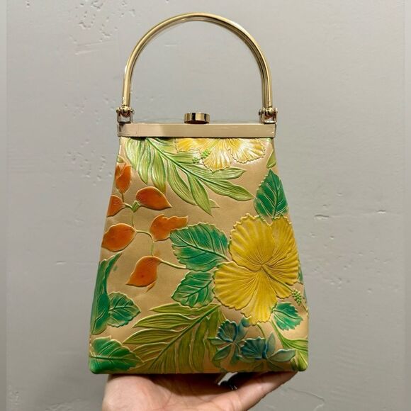 Handmade Genuine Leather Floral Embossed Top Handle Purse & 2 Chain Styles - Picture 2 of 15